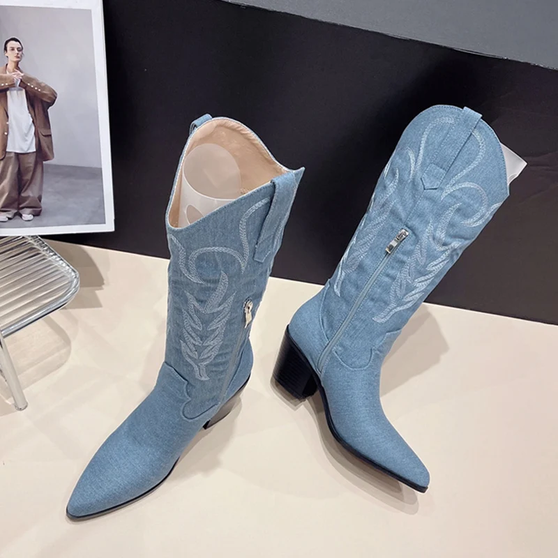 

Liyke Western Style Blue Denim Knee High Cowboy Boots For Women Sexy Pointed Toe Square Heels Shoes Female Cool Knight Booties