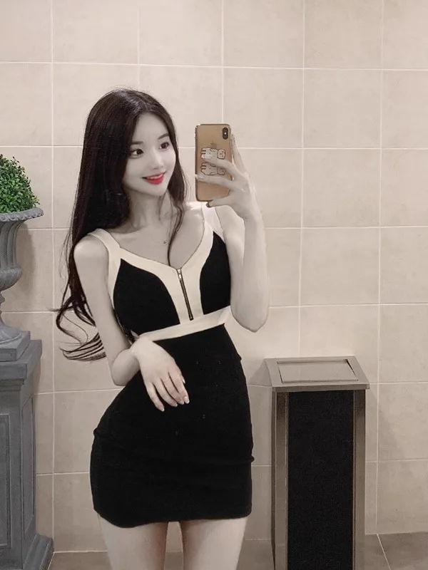 Новое осеннее корейское платье с v-образным вырезом на молнии и цветными блоками