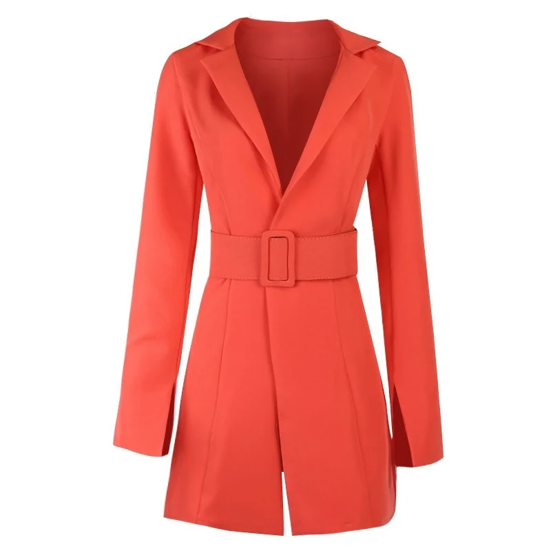 Women Buttonless Solid Color Mid Length Casual Blazer Suit 2023 New Fashion Commute Wear Simple Office Blazer with Free Big Belt