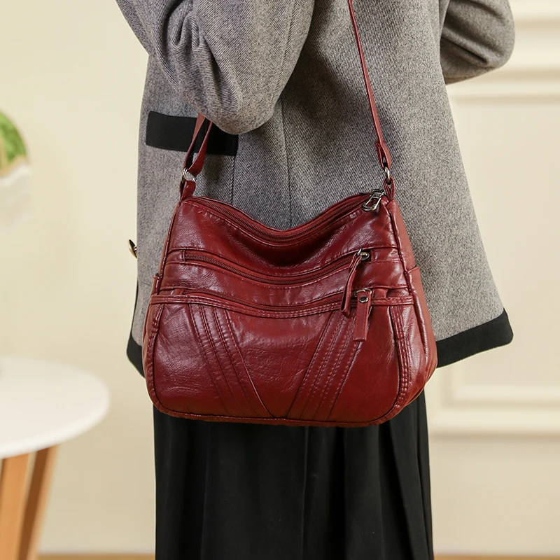 

Vintage V-line Quilted Luxury Designer Handbags Zipper Multi Pocket All Match Square Bag Hot Sale Elegant Wine Red Messenger Bag