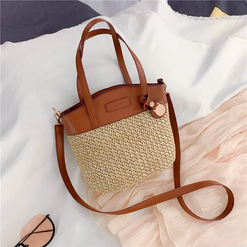 

Retro Handmade Straw Beach Bag Women Shoulder Bags Designer Strap Purses and Handbags PU Patchwork Crossbody Bags for Women