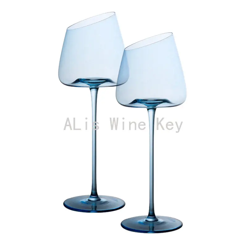 

2PCs Romantic Oblique 500-600Ml Clain Blue Red Wine Cup Handmade Crystal Glass Goblet Family Bar Art Concave Gift Drinkware