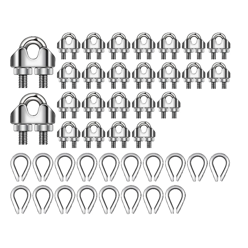 

50 PCS Wire Rope Kit M3 Metal Wire Rope Cable Clamp And M3 Stainless Steel Thimbles Silver 1/8Inch For Wire Rope Rigging