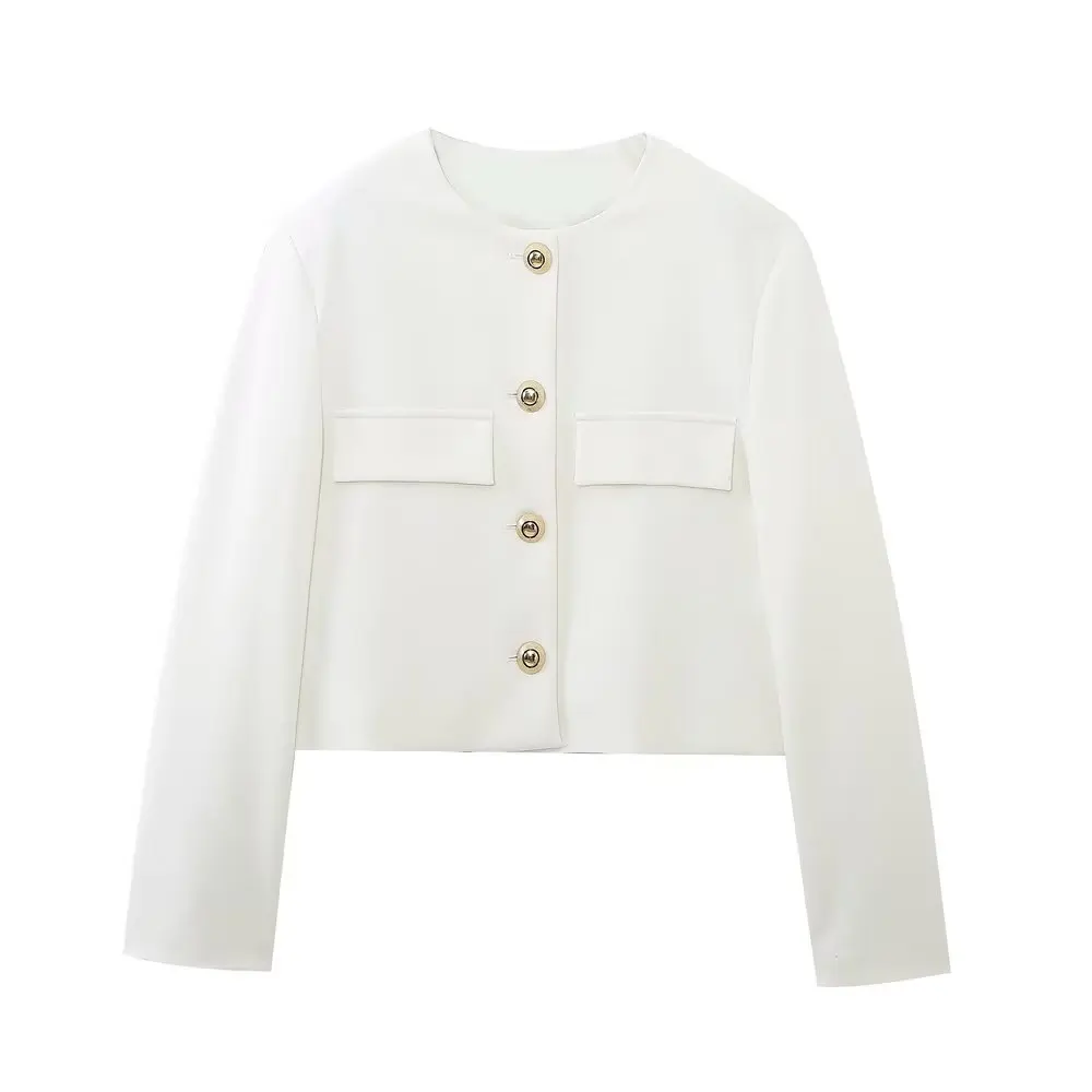 

Spring Autumn Commute White Pocket Thin Short Coat Jacket For Women Round Neck Gold Button Decorated Single-Breasted Suit Jacket