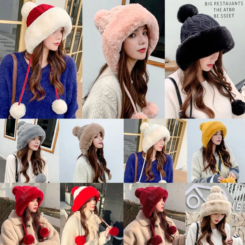 

Cute Warm Cold-proof Woolen Hat Fashion Knitted Plush Ball Beanie Hat Personality for W/ Pom-Pom Hat Fall Winter