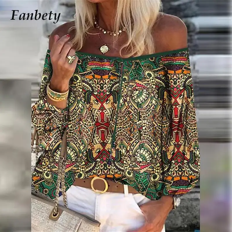 

Casual V Neck Lace Up Loose Blouse Summer One Shoulder Off Shoulder Long Sleeve T-Shirt Vintage Ethnic Print Women Tops Pullover