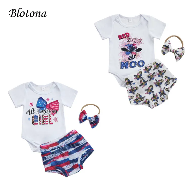 

Летний наряд для маленьких девочек от Blotona, комбинезон с коротким рукавом и надписью + шорты с принтом головы коровы и бантом + повязка на голову, 0-18 месяцев