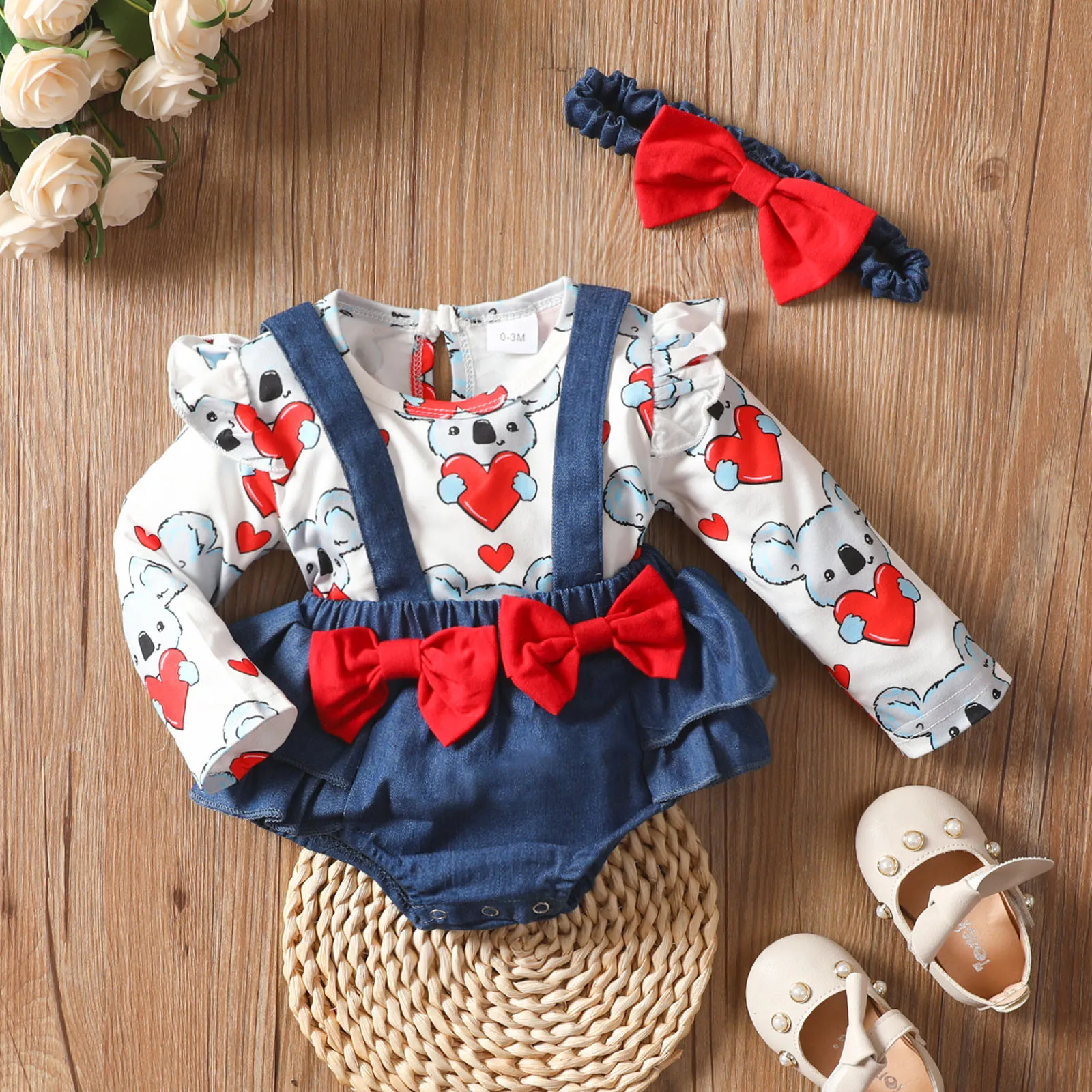 

Newborn Baby Toddler Girls Cartoon Print Small Flying Sleeve Long-sleeved Top Denim Bow Suspender Briefs Suit Spring Autumn