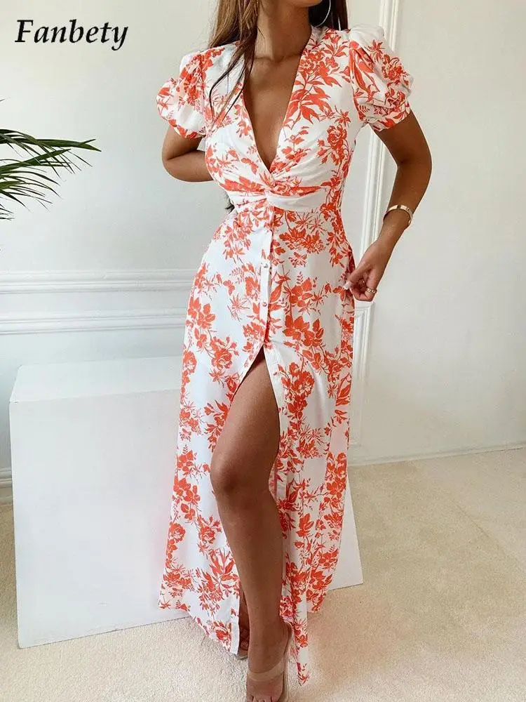 

Женское длинное пляжное платье с принтом, Элегантное повседневное платье на пуговицах с рукавами-фонариками и разрезом, женское модное пла...