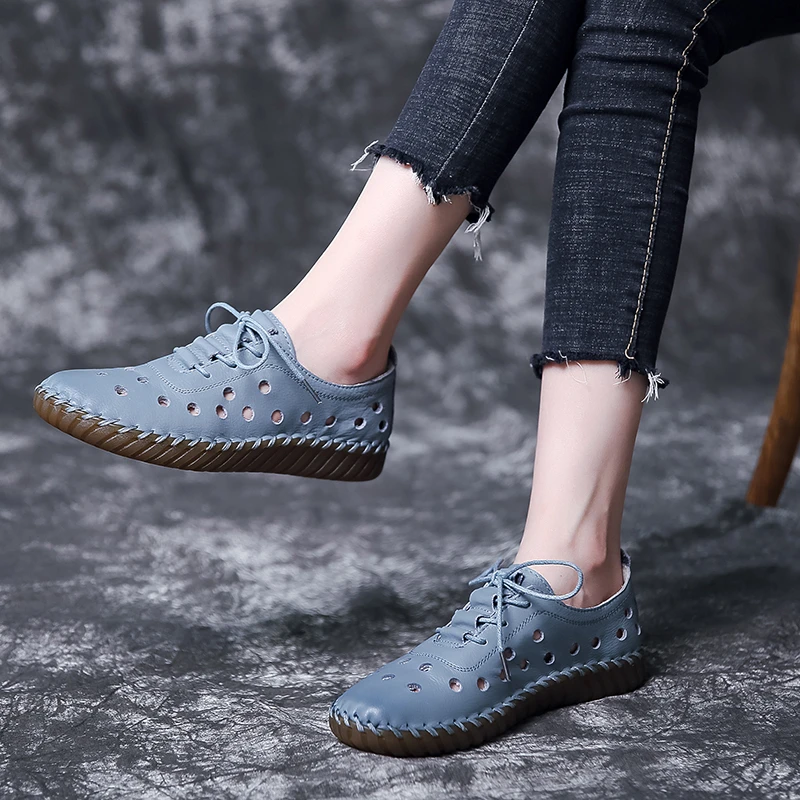 

Soft Sole Hollow Single Shoes Women 2021 Vintage Leather Low Heels Casual Shoes Woman Outdoor Lace Up Non Slip Loafers