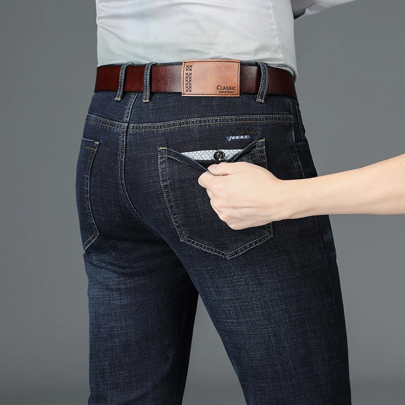 Four Seasons New Men's Anti-Theft Button Jeans Business Fashion Loose Straight Casual Denim Trousers Male Brand Stretch Pants
