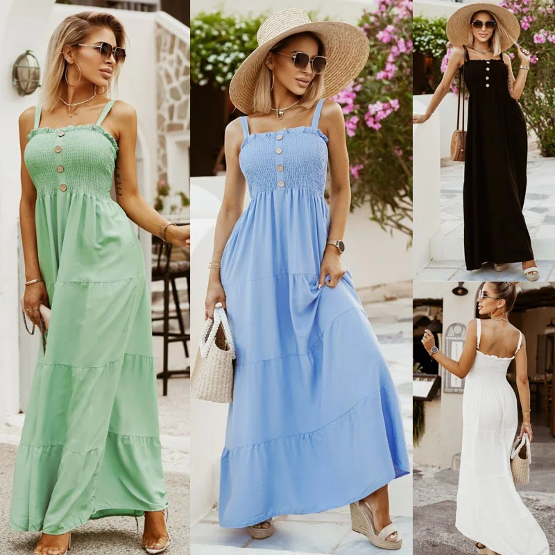 

2023 Summer New Women's Sleeveless Holiday Solid Button Decoration