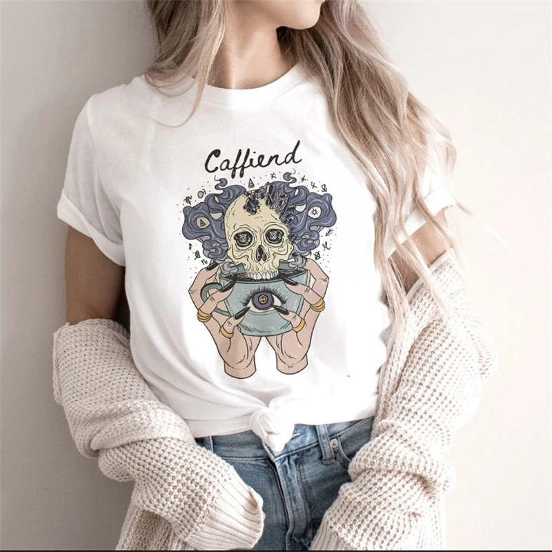 

Women's graphic art skull print fashion 90's cute witch magic short-sleeved ladies clothes tops T-shirts printed women's T-shirt
