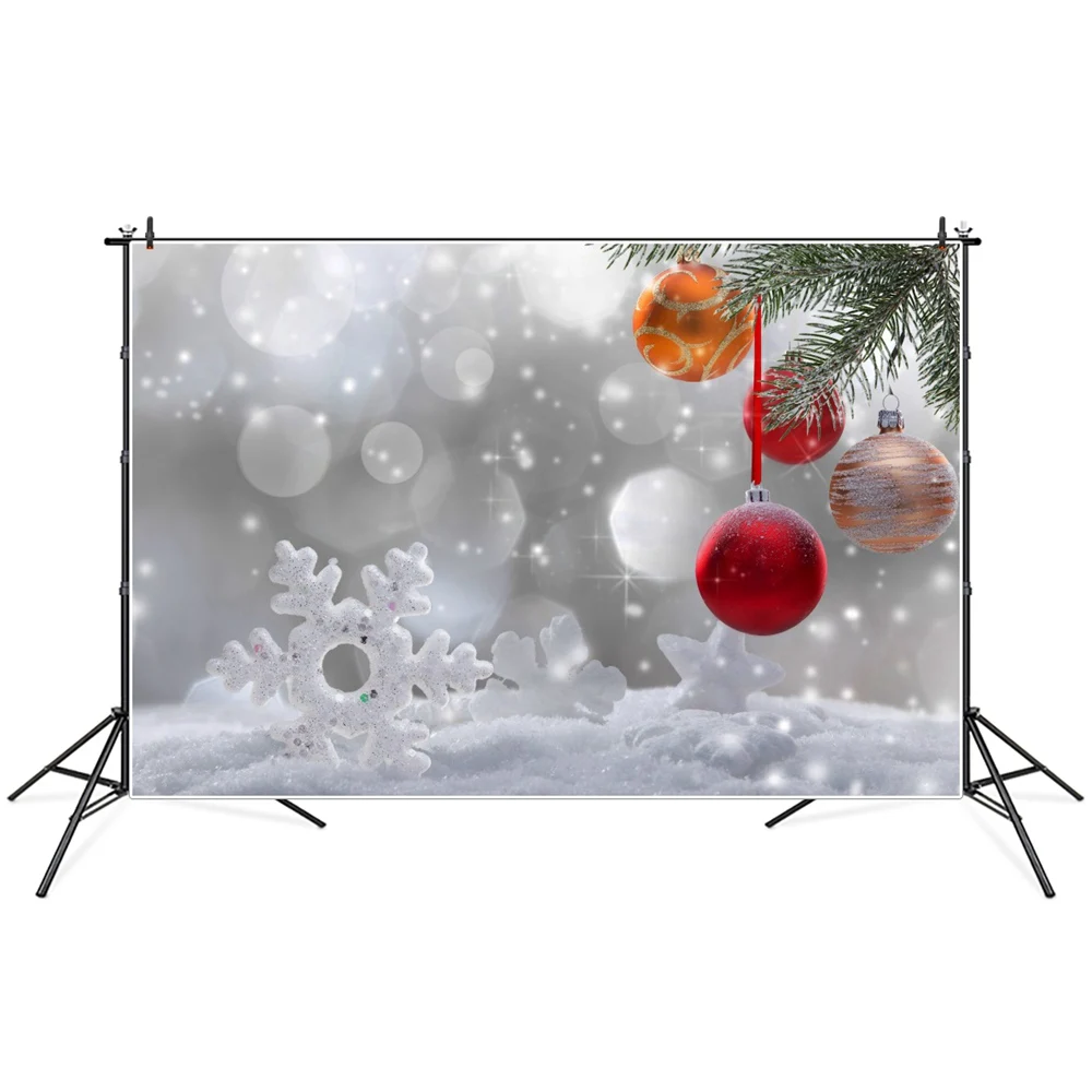

Christmas Ball Pine Twig Snowflake Light Bokeh Photography Backdrops Custom Party Decoration Photo Booth Photographic Backdrop