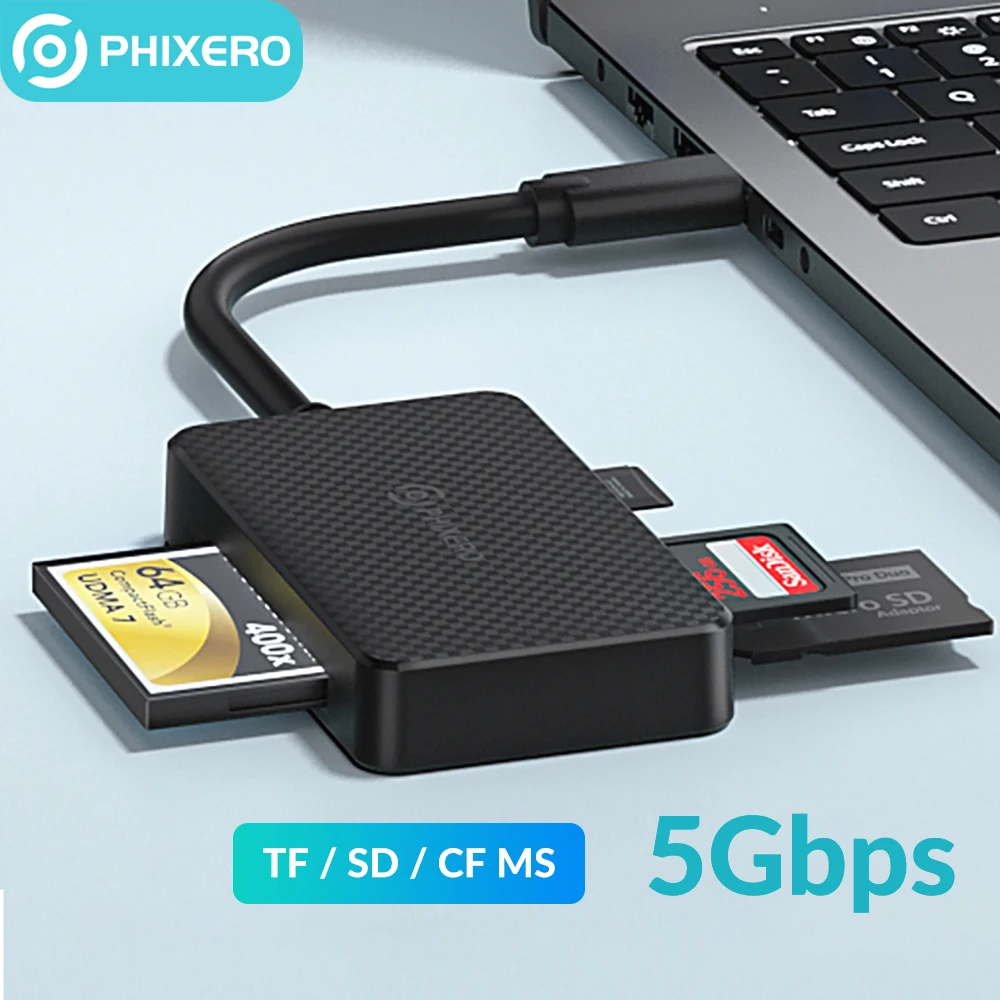 

PHIXERO USB 3.0 Type C 4 in 1 Card Reader Memory Smart Card Reader SD TF CF MS Compact Flash Card Adapter 15cm Cable for Laptop