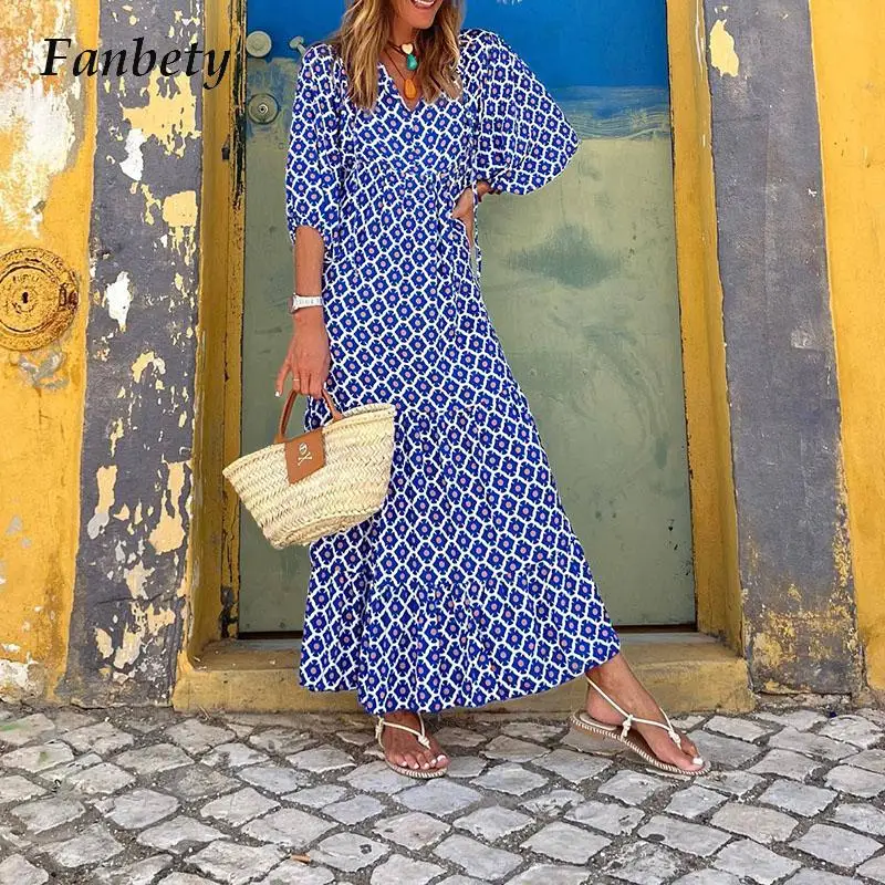 

2022 Boho Vintage Graphic Print Half Sleeve Dress Summer Casual V Neck Loose A-Line Long Dress Elegant Women Big Hem Beach Dress