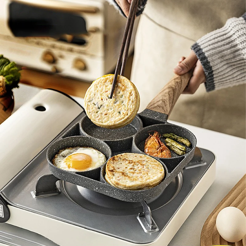 

Black Non-stick Four-hole Frying Pot Thickened Omelet Pan Egg Steak Ham Pancake Breakfast Maker Kitchen Tool Cooking Utensils