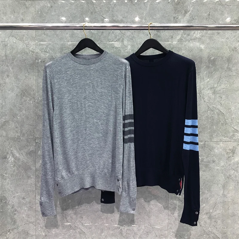 TB THOM Sweater Autunm Fashion Brand Sweaters Male Merino Wool Cable 4-Bar Stripe Stitch Classic O-Neck Pullover Casual Coats