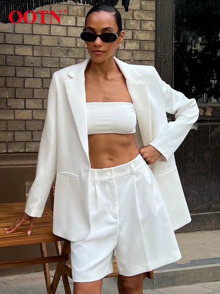 

OOTN элегантные рубашки с вырезом, костюмы, офисные плиссированные шорты, пальто с длинными рукавами, комплекты из двух предметов, Осенние белые наряды для женщин, 2023
