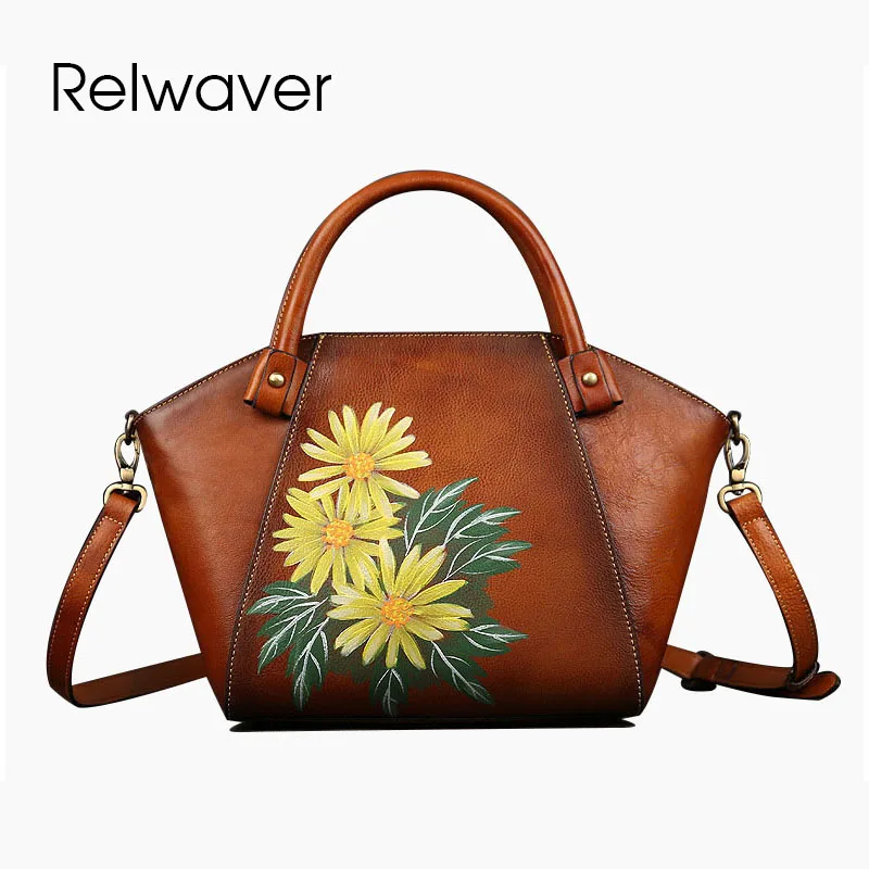 

Сумка женская трапециевидвечерние из натуральной кожи, с цветочным принтом