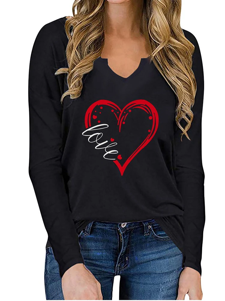 

LOVE Print Pattern Women's Long Sleeve T-Shirt V-Neck Multicolor Simple Casual 2022 New Plus Size Fashion Ladies Top Sale