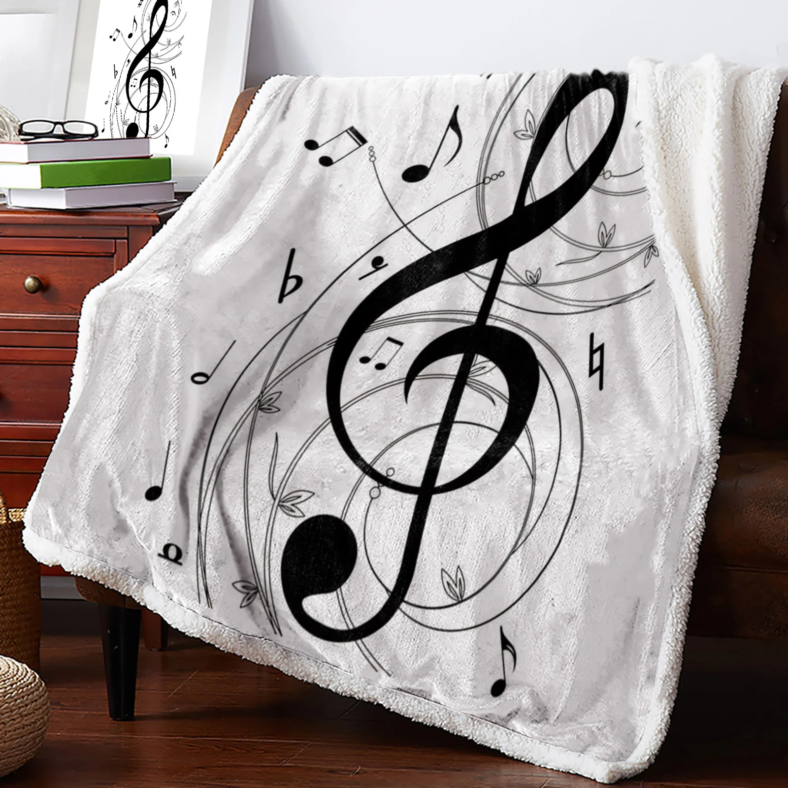 

Musical Note Black White Melody Printed Fleece Blanket for Beds Sherpa Throw Blanket Adults Kids for Sofa Bed Cover Soft Blanket