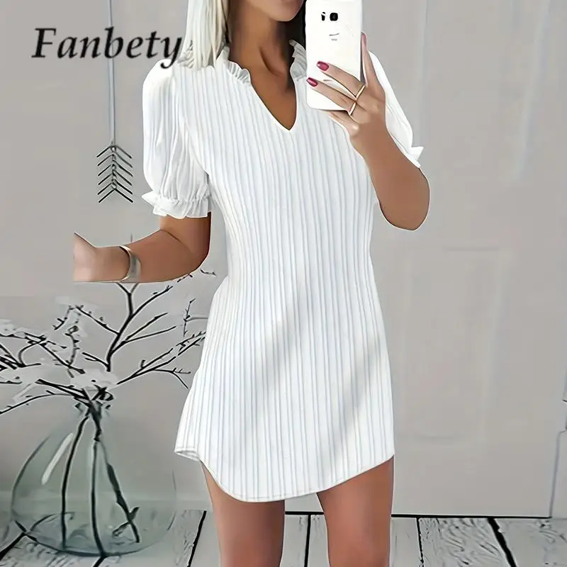 

2023 Women Stripes Loose Pullover Dress Summer V Neck Ruffled Short Sleeve Dress Casual Solid Color Ladies Mini Dress Vestidos