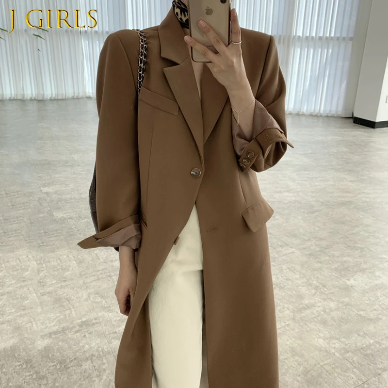 

Женский пиджак средней длины J, элегантный пиджак в Корейском стиле с лацканами и двумя пуговицами, свободный блейзер с длинным рукавом, осе...