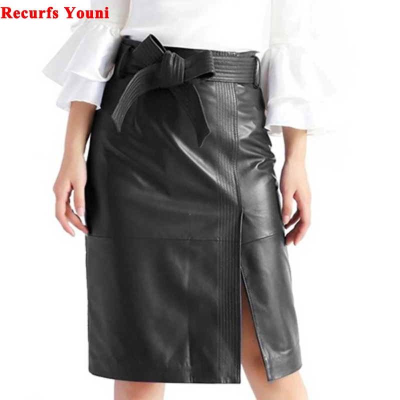 

Wrap Skirt Women OL Elegant Bow Tie Blet Genuine Leather Jupe Femme Knee Long Black Customer Color Gonne Sexy Chic Slit Faldas