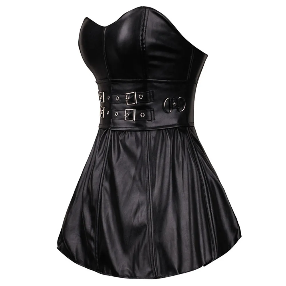 

Gothic Punk Leather Mini Dress Bustiers Corsets Plus Size Overbust Lace Up Corselet Sexy Body Shaper Pole Dancing Party Clubwear