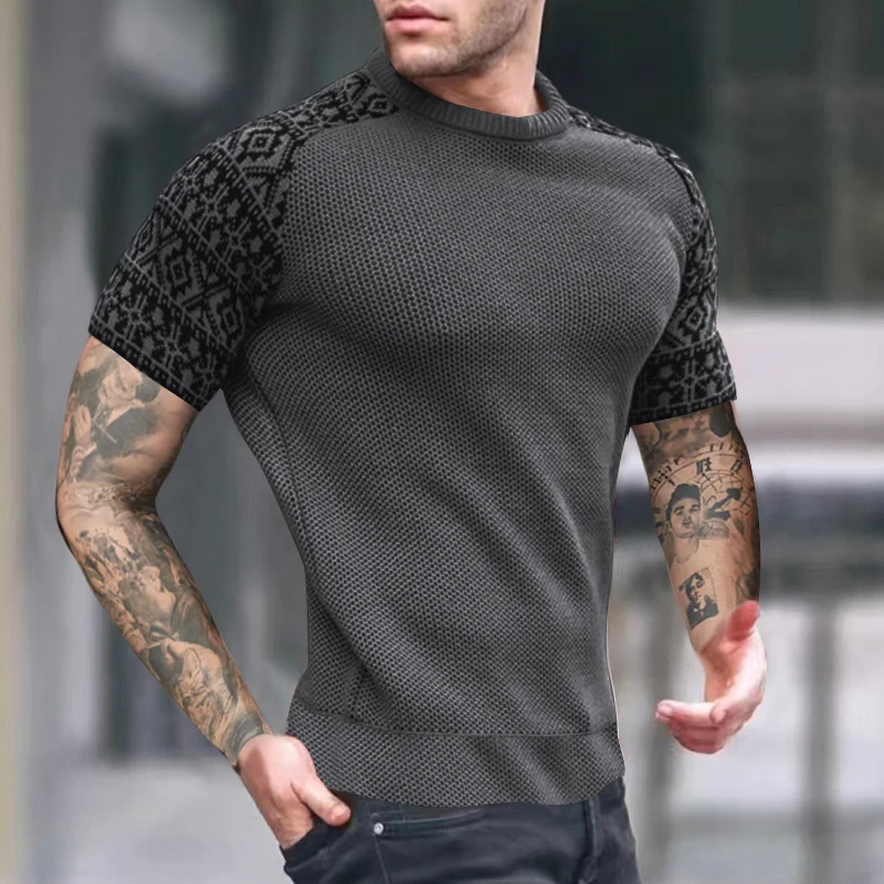 

2023 High-quality Spring and Summer New men's Round Neck Pullover Color Matching Waffle Short-sleeved Sports and Leisure Tops