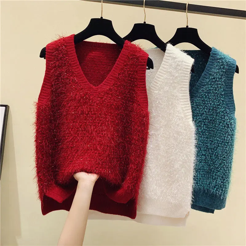 

2022 Spring Autumn Women New V-neck Sweater Vest Female Solid Color Knitted Vest Ladies Loose Pullover Sleeveless Tops T369