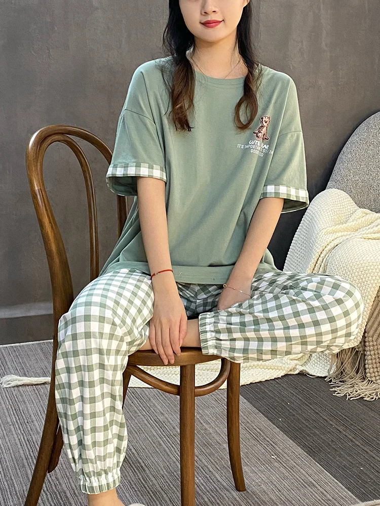 2024 New Pajamas Women's Spring Summer Cotton Short sleeve Pullover round Neck Can Be Worn outside Plaid Pants Home Wear Set