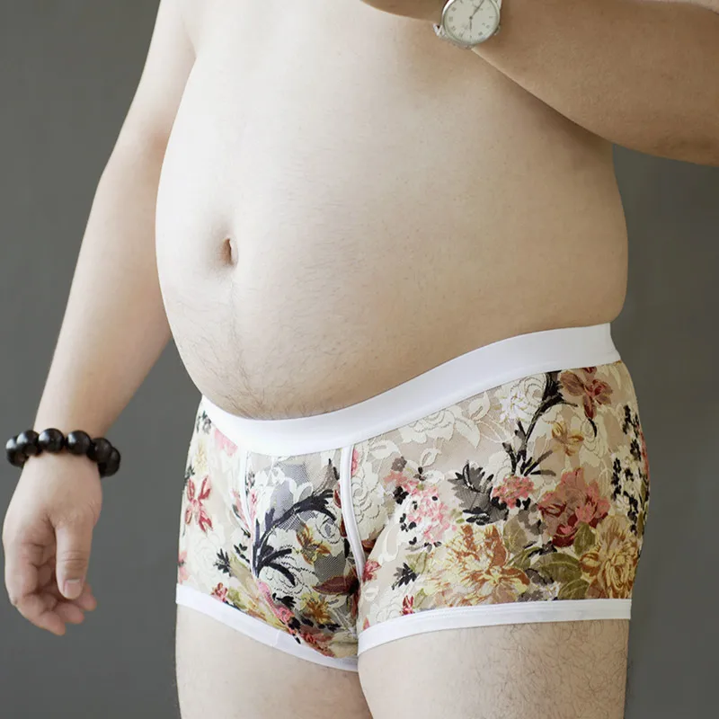 Men's Lace gauze U-Bulge ventilation briefs sexy lingerie Chubby large size shorts Underwear See-through Fashion new Underpants