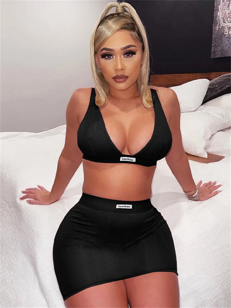 

Balogun Summer Sexy 2 Two Peice Sets Womens Sleeveless Halter Crop Top Short Skirts Black White Bodycon Short Matching Sets