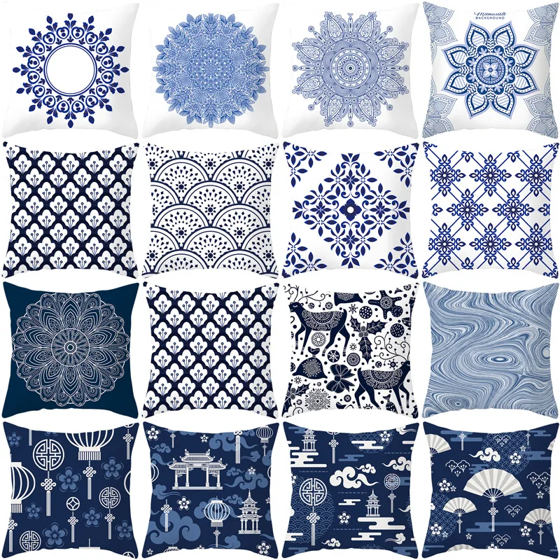 

Mandala Printed Peach Skin Pillowcase 45x45 Blue White Porcelain Cushion Cover for Waist Pillow Case Fashion Sofa Throw Pillows