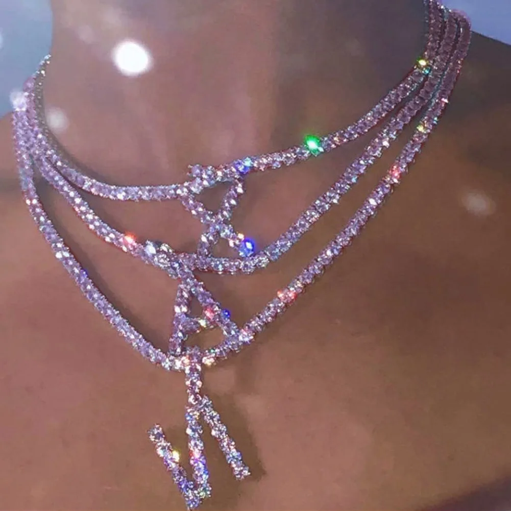 

Pink Initials Pendant Tennis Chain Necklace Personality Trend Set Crystal A-Z Pendant Necklace