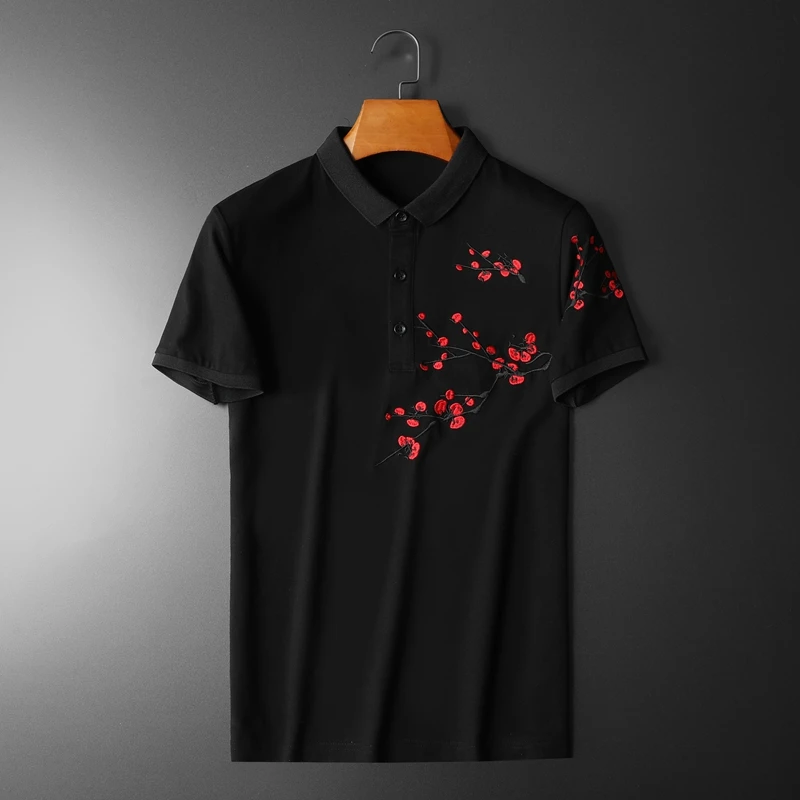

2022 Summer Flower Embroidery Polo Shirts for Men's Business Social Polos Casual Slim Fit Streetwear Lapel Tee Tops Men Clothing