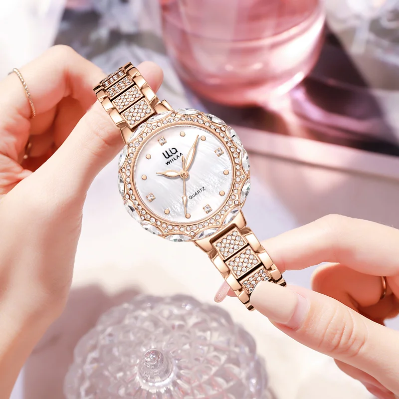WIILAA Luxury Brand Watch For Women Full Diamond Steel Band Rose Gold Quartz Wristwatch Clock Ladies Watches Relogio Feminino