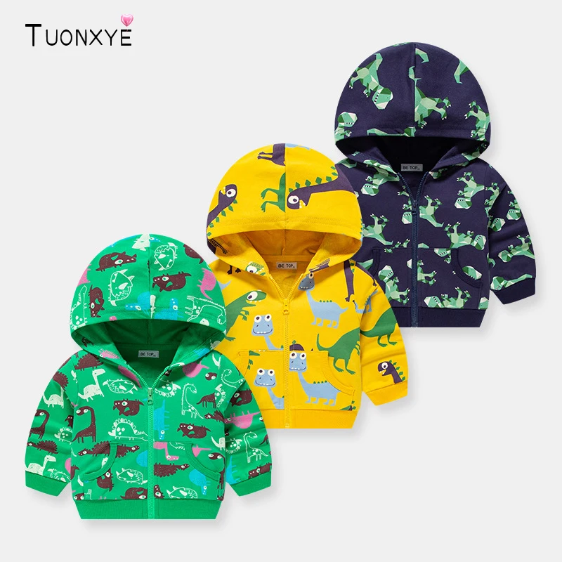 

Осенняя Толстовка TUONXYE с длинным рукавом для мальчиков, пальто, милый мультяшный динозавр на молнии, хлопковая мягкая теплая детская одежда ...