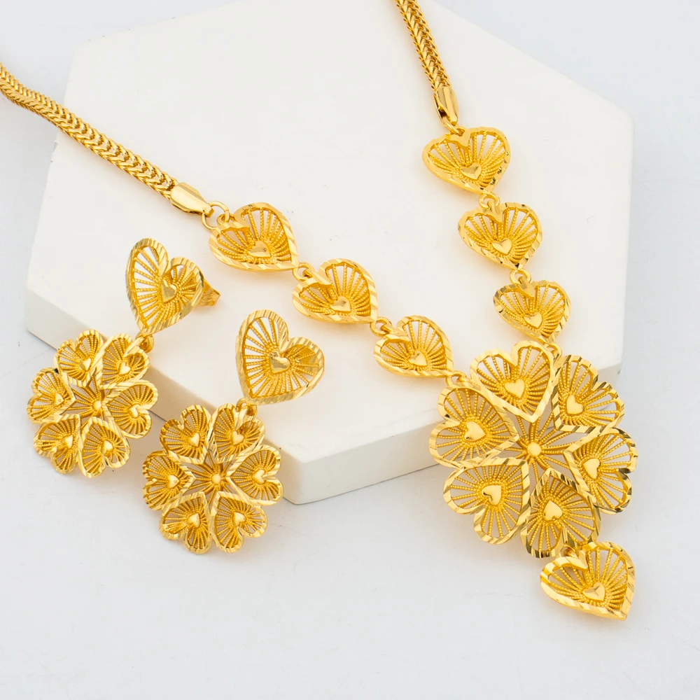 

Dubai Jewelry Sets for Women 18k Gold Plated Flower Ethiopian African Heart Necklace Earrings Sets Arab Bridal Dowry Jewelry