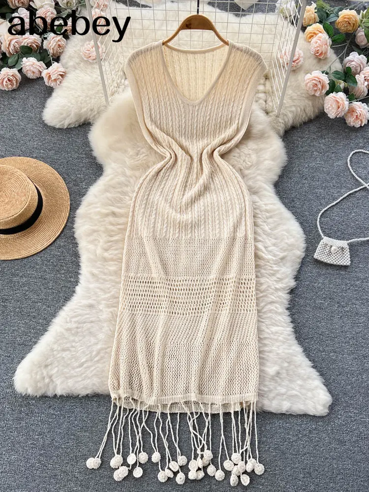 

2023 Summer High Quality Korean Simple Hollow Out Vest Knit Sweater Dress Women Gentle V-Neck Slim Elastic Knit Long Dress