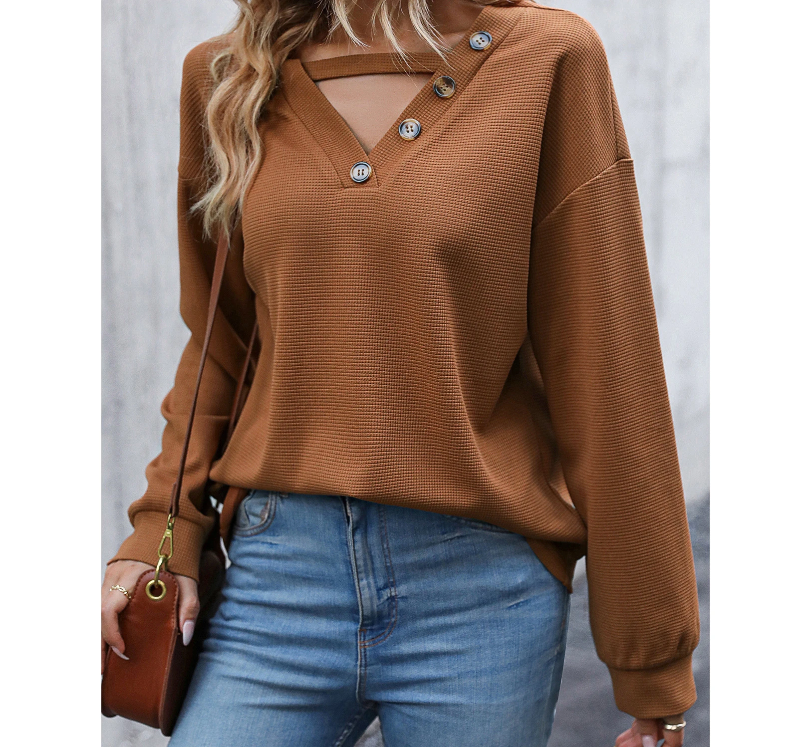

Women's Summer Clothes Pullover Tops Fashion Solid V-Neck Long Sleeved Hollowed Out V-neck Knitted Slim Shirt Autumn New 2023