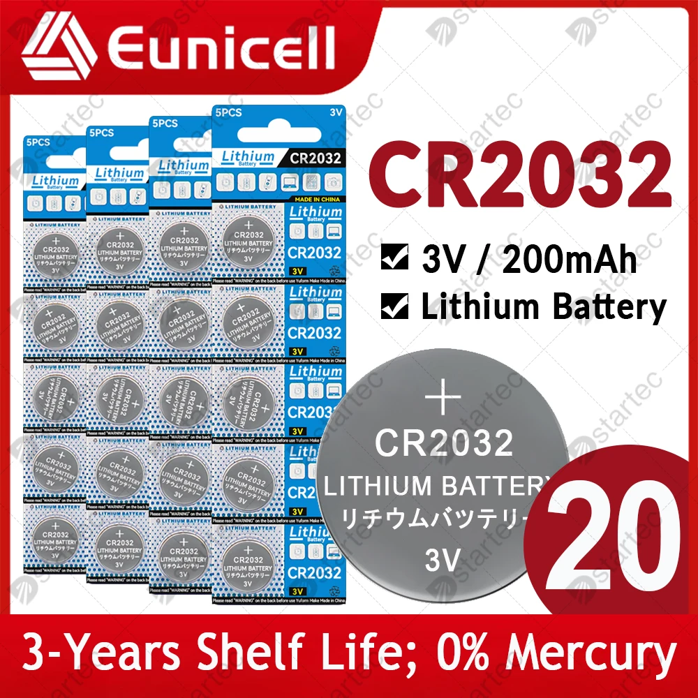 20PCS DStartec CR2032 3V Lithium Battery For Watch Toy Calculator Car Remote Clock CR 2032 DL2032 BR2032 5004LC Button Coin Cell
