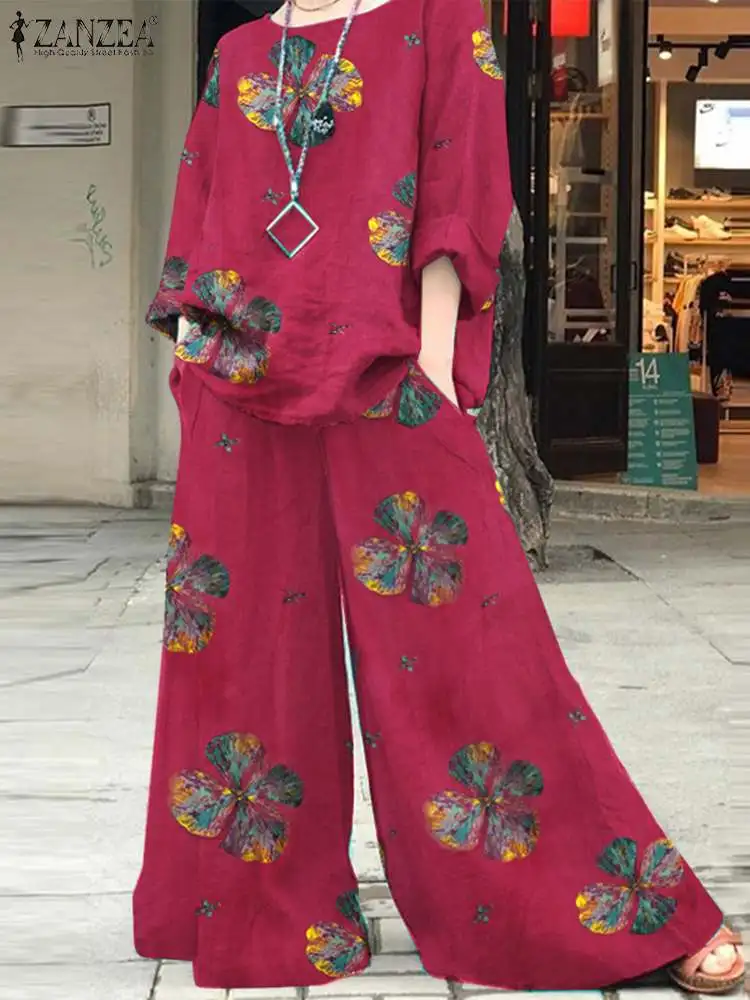 

2023 ZANZEA Women Casual Party Outifits Bohemian Floral Printed Matching Sets Long Sleeve Blouse Wide Leg Pants Sets Suits 2pcs