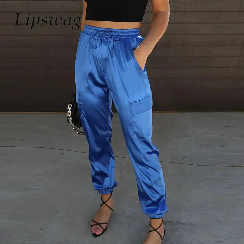 

Универсальные однотонные брюки с манжетами, модные эластичные брюки-карго с высокой талией и карманами, летние атласные женские длинные брюки, уличная одежда, 2023