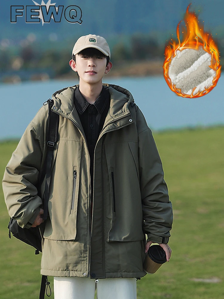 

Мужское пальто с капюшоном FEWQ, однотонное хлопковое пальто из овечьей шерсти на молнии с большими карманами, Теплая стеганая куртка на зиму ...