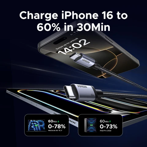 UGREEN PD60W Кабель USB-C — USB-C Высокоскоростной кабель для синхронизации данных и зарядки Прочный кабель для быстрой зарядки для устройств USB-C