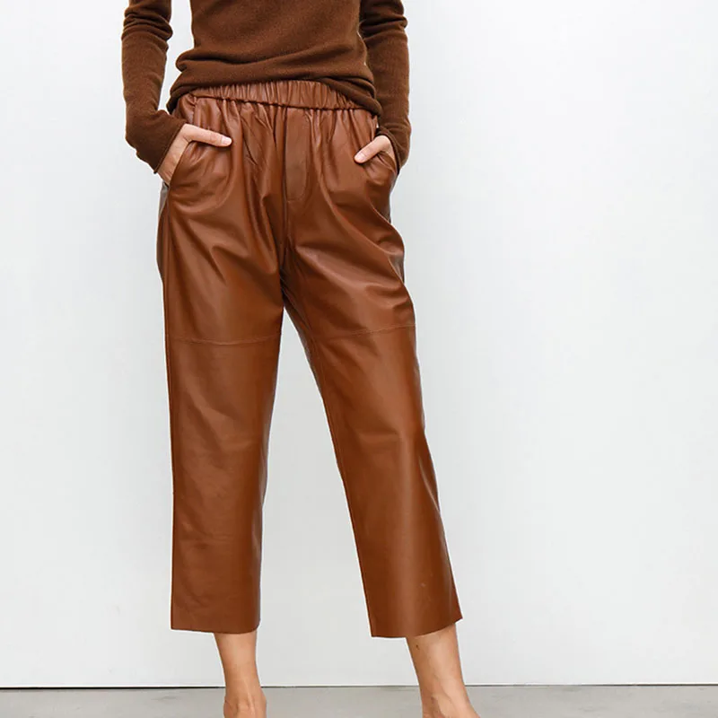 2023 New Streetwear Plus Size Pants Y2k Fashion Genuine Leather Harem Pants Women Real Sheepskin Trousers High Elastic Waist