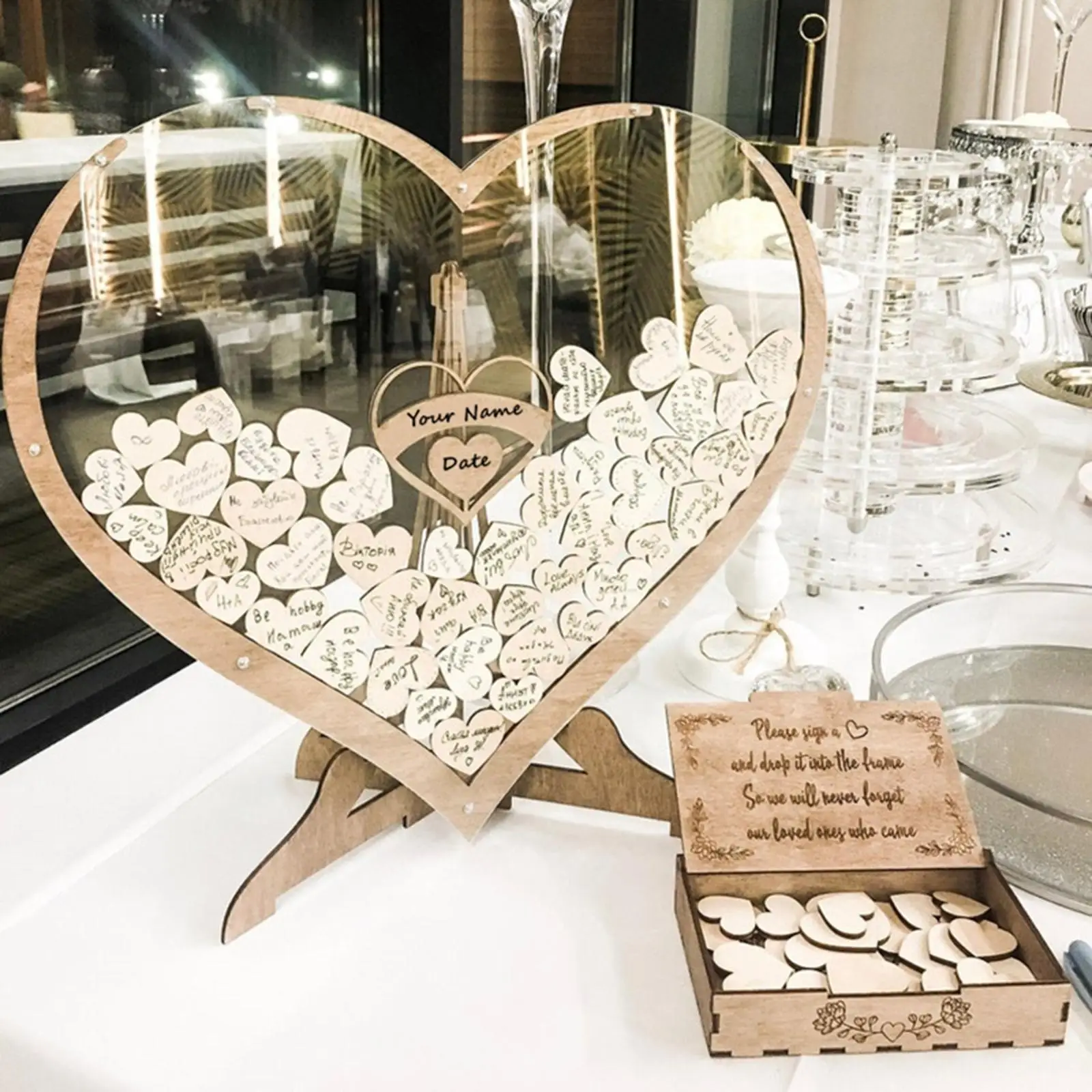 

3D Wedding Guest Book Drop Frame with Wooden Sign Hearts for Party Decoration